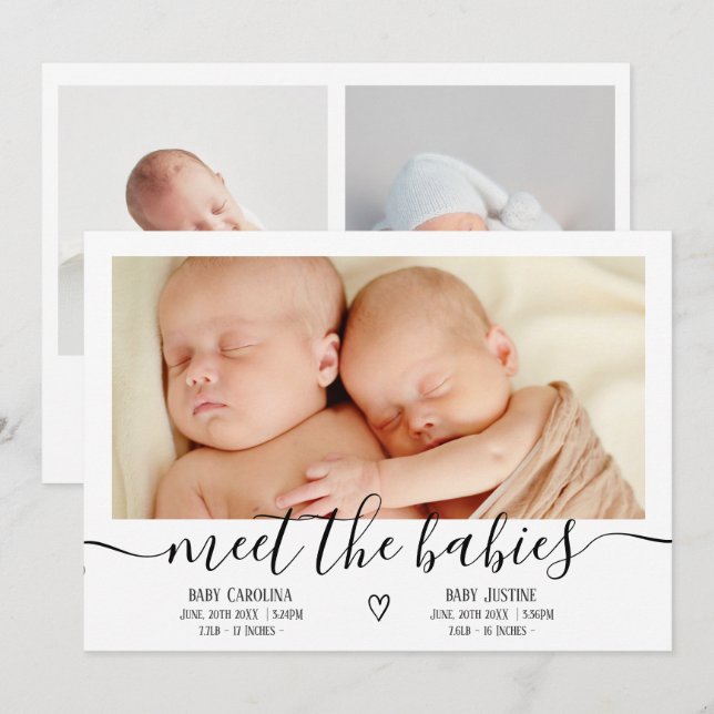 Meet babies script heart 3 photo baby twins birth announcement (Front/Back)