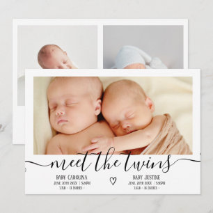 Meet babies script heart 3 photo baby twins birth  announcement