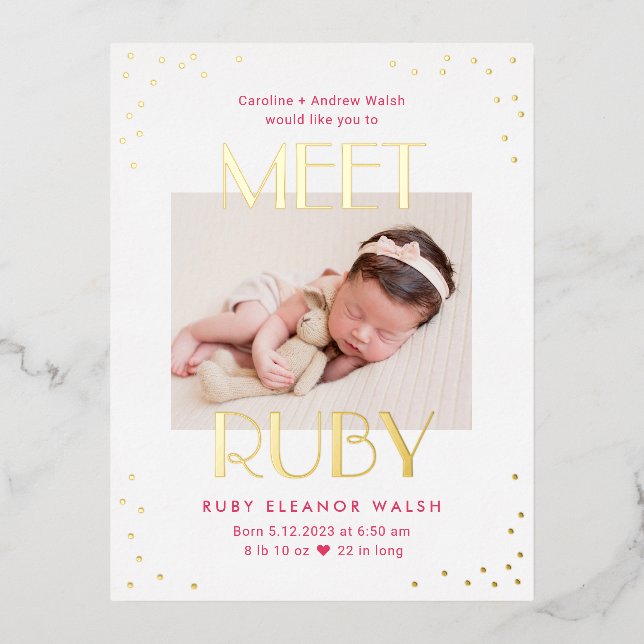 Meet Baby Foil Birth Announcement Postcard (Front)