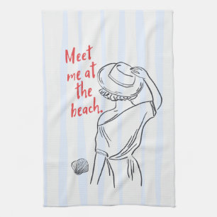 Meet Me At The Beach Blue Striped Beach Lovers Tea Towel