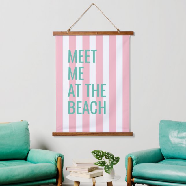 Meet Me At The Beach Pink Cabana Stripe Hanging Tapestry (Living Room)