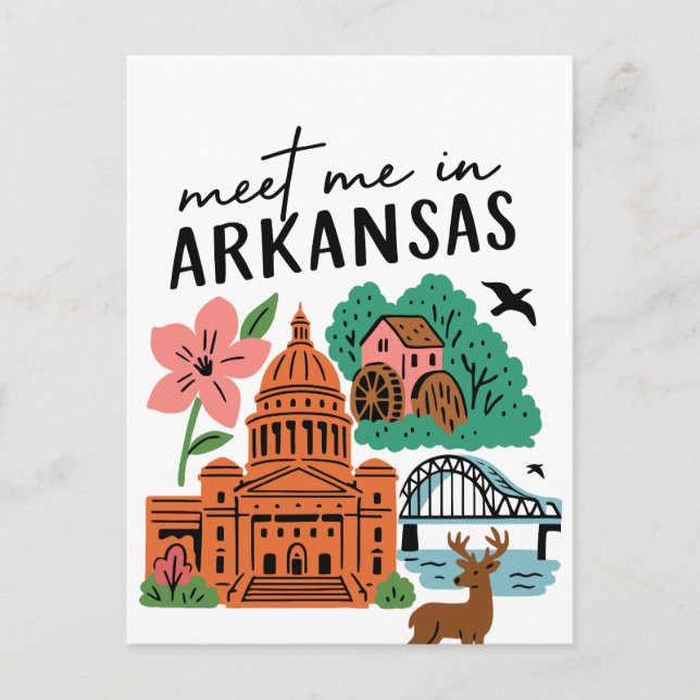Meet Me In Arkansas Southern USA Doodle Landmarks Postcard (Front)