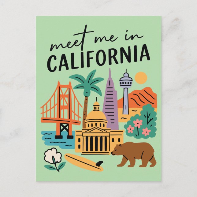 Meet Me In California Golden Gate Bear Retro Postcard (Front)