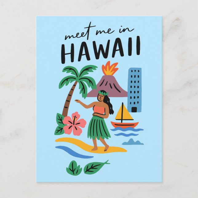 Meet Me In Hawaii Retro Hula Dancer Beach Postcard (Front)