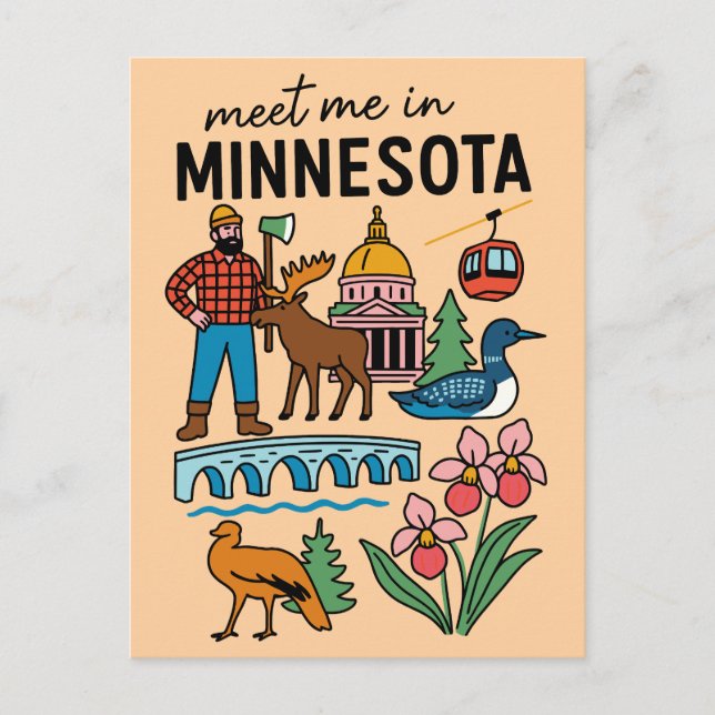 Meet Me In Minnesota Loon Moose Lumberjack Icons Postcard (Front)