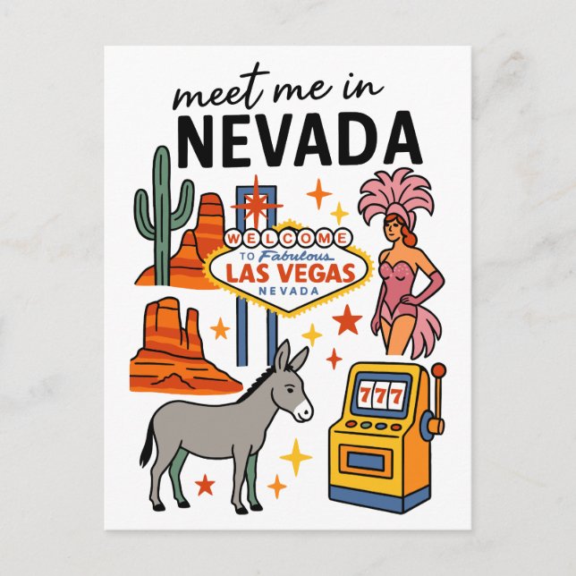 Meet Me In Nevada Las Vegas Showgirl Donkey Postcard (Front)