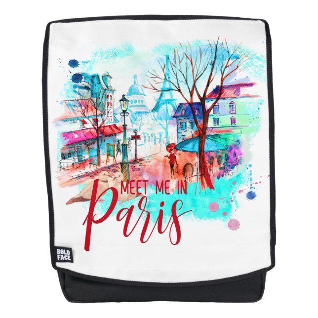 Meet Me in Paris France Eiffel Tower Watercolor Backpack (Front)