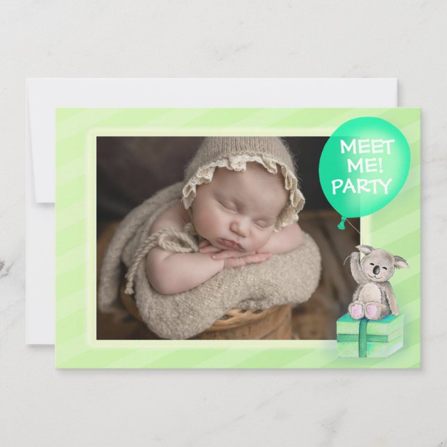 Meet me new baby koala party invite mint green (Front)