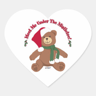 Meet Me Under The Mistletoe! Christmas Teddy Bear Heart Sticker