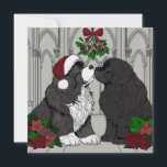 Meet me under the mistletoe Newfoundland Holiday Card<br><div class="desc">Beautifully hand drawn and coloured Newfoundland puppy dogs kissing under the mistletoe</div>