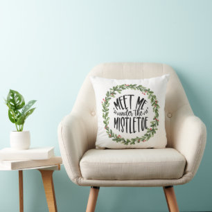 Meet Me Under the Mistletoe Watercolor Wreath Cushion