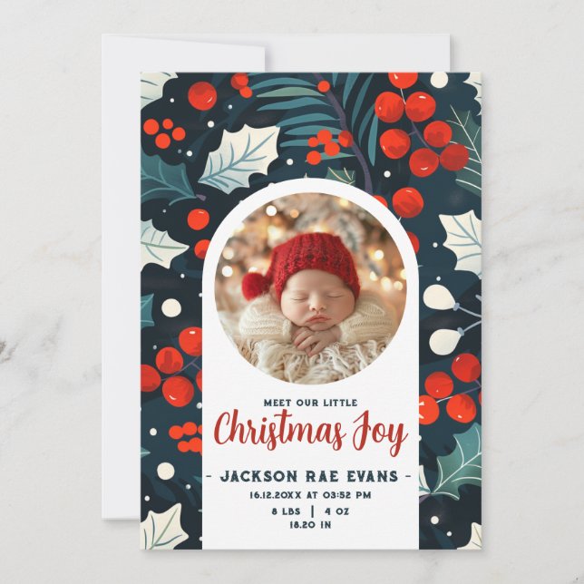 Meet Our Little Christmas Joy Photo Baby Birth Announcement (Front)