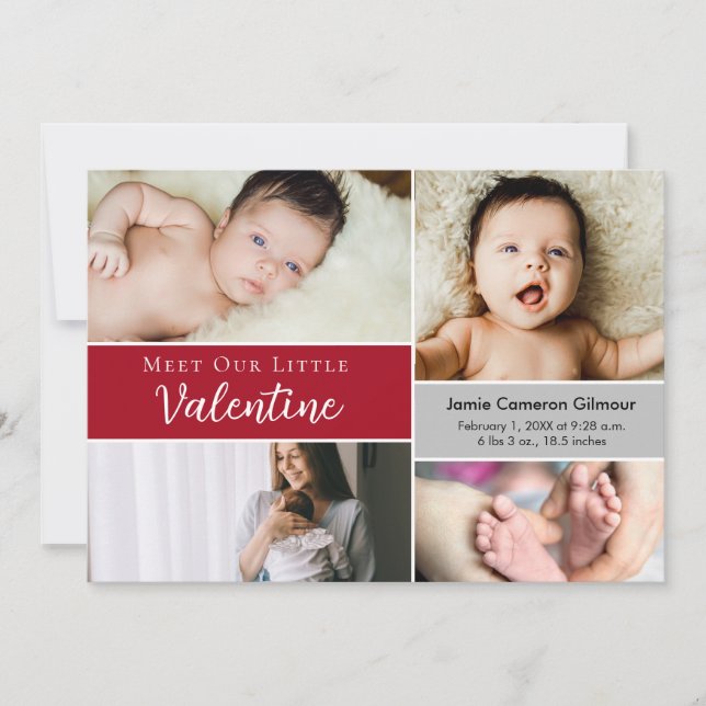 Meet Our Little Valentine Baby Photo Collage Birth Thank You Card (Front)