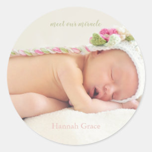 Meet Our Miracle   Baby Girl Birth Announcement Classic Round Sticker