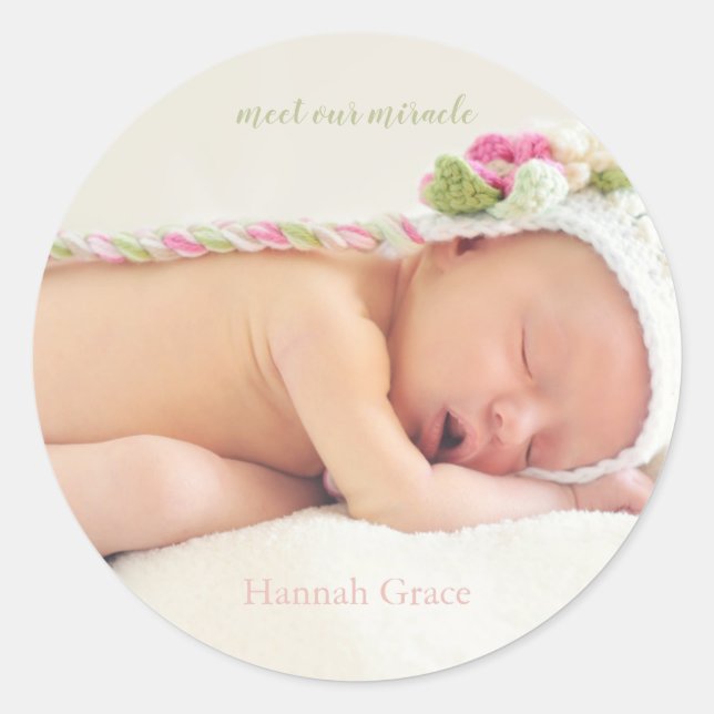 Meet Our Miracle | Baby Girl Birth Announcement Classic Round Sticker (Front)