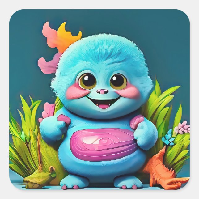 Meet the Adorable Happy Little Monster  Square Sticker (Front)