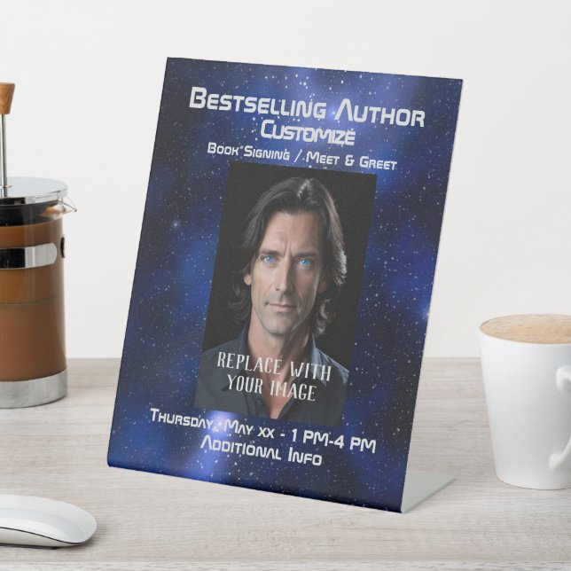 Meet The Author Blue Space Pedestal Sign (In SItu)