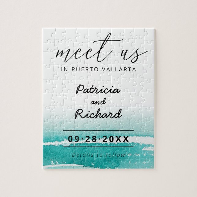 Meet Us In Destination Wedding Teal Save The Date Jigsaw Puzzle (Vertical)