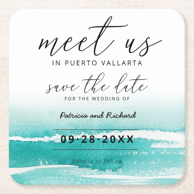 Meet Us In Destination Wedding Teal Save The Date Square Paper Coaster (Front)