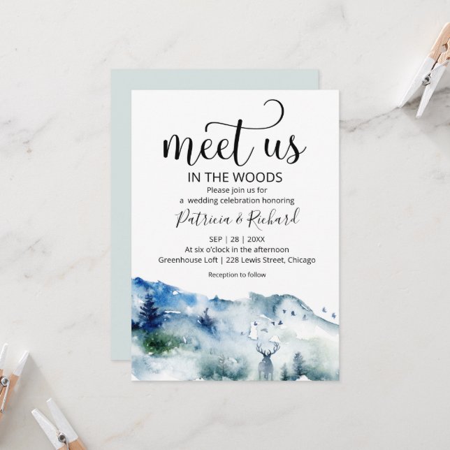Meet Us In The Woods Forest Outdoor Wedding Invitation (Front/Back In Situ)