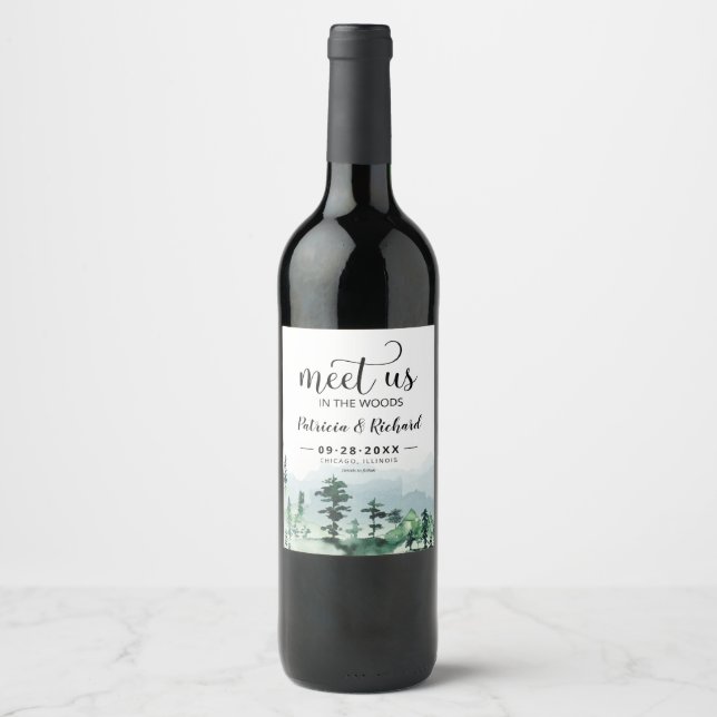 Meet Us In The Woods Outdoor Wedding Save The Date Wine Label (Front)