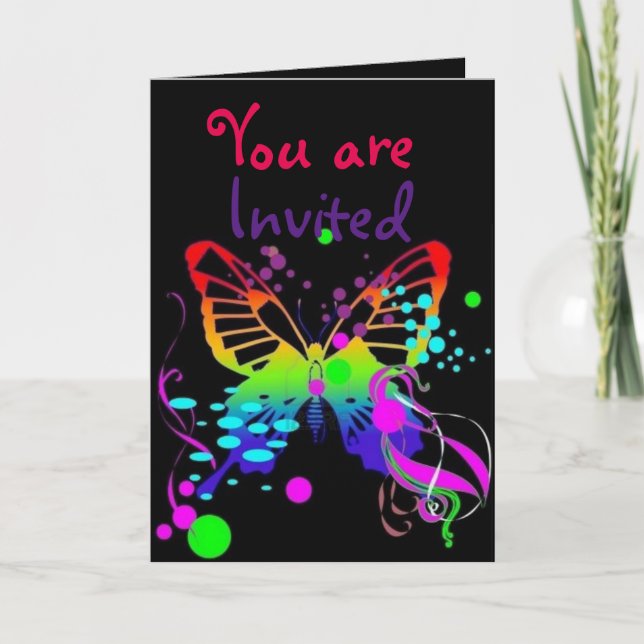 Mega Colour Butterfly on Black Kids Party Invites (Front)