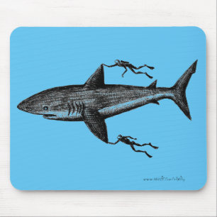Megalodon shark and divers cool ink pen drawing mouse mat
