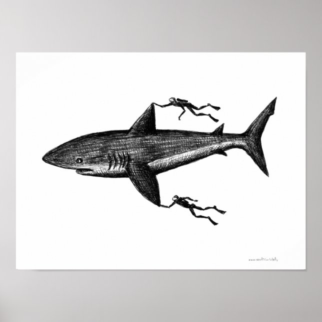 Megalodon shark and divers cool ink pen drawing poster (Front)