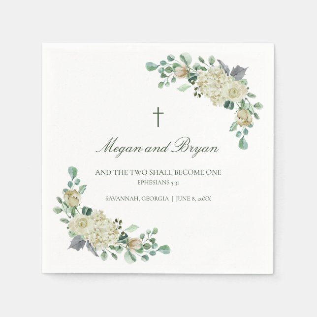 Megan Christian Cross Greenery Wedding Cocktail Napkin (Front)