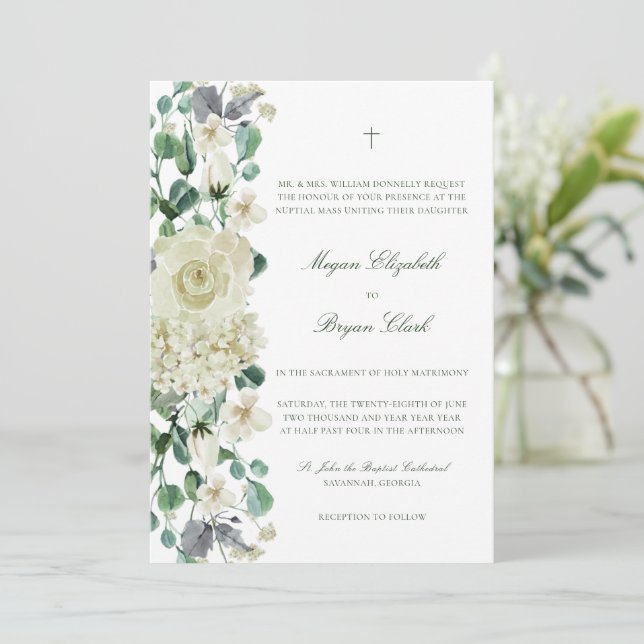Megan Elegant Greenery White Catholic Wedding Invitation (Standing Front)