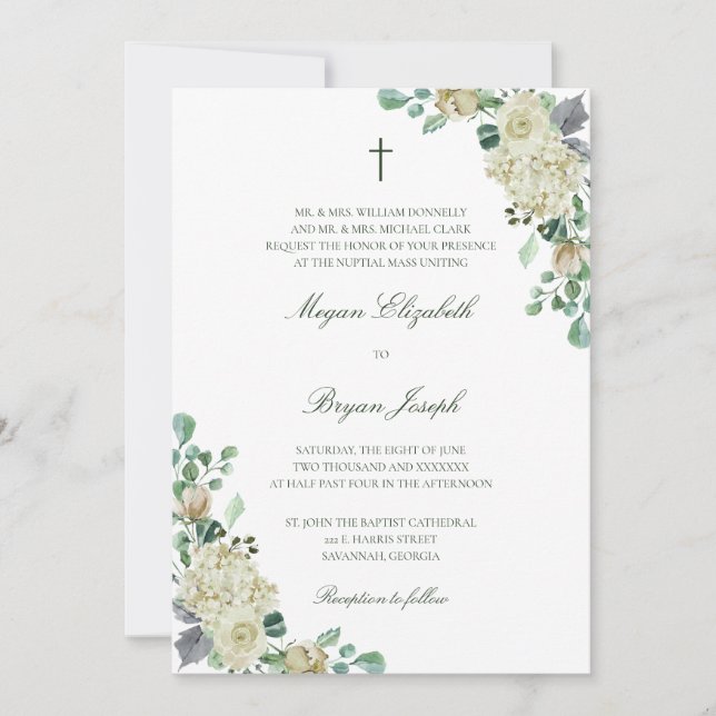 Megan Floral Watercolor Cross Catholic Wedding Invitation (Front)