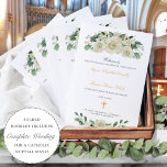 Megan Gold Catholic Wedding Mass Ceremony Program<br><div class="desc">This folded Catholic wedding mass ceremony program features an elegant, neutral colour palette of white, gold and green. The front cover includes beautiful bouquets of watercolor flowers and greenery accented by a Christian cross in faux gold glitter. Your ceremony details are written in a stylish calligraphy script and a classic...</div>
