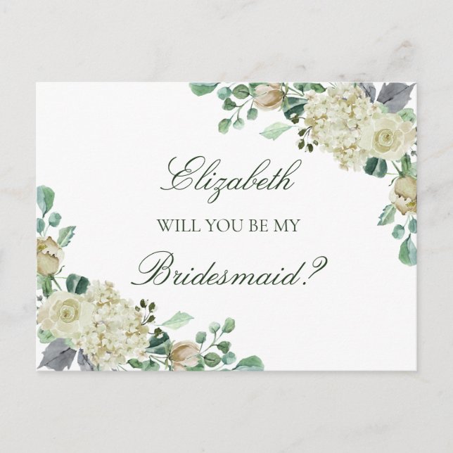 Megan Roses Greenery Bridesmaid Proposal Invitation Postcard (Front)