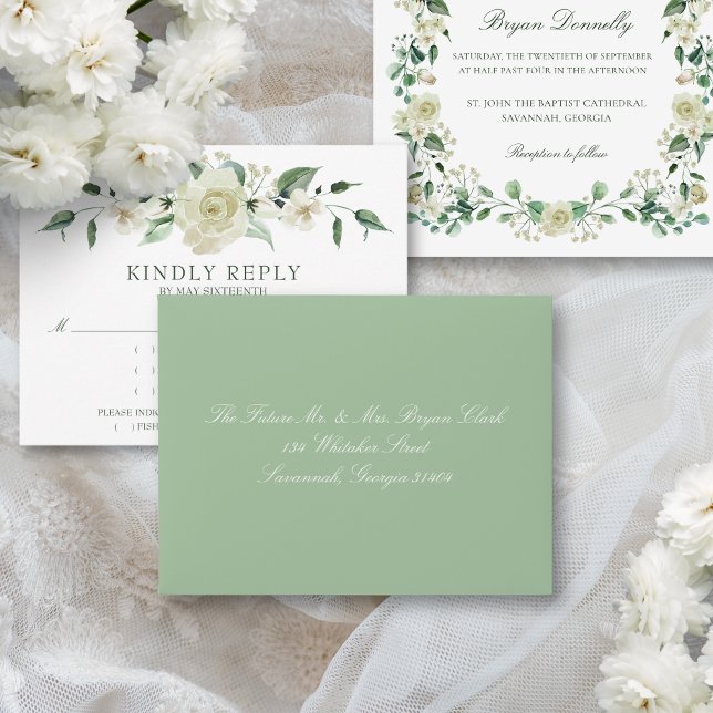 Megan Sage Green Return Address Wedding RSVP Envelope (Sage green RSVP envelope coordinates with the white floral Megan collection)