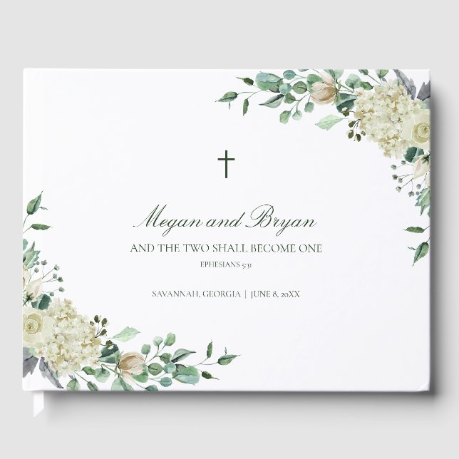 Megan White Floral & Greenery Catholic Wedding Guest Book (Front)