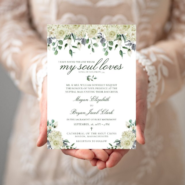 Megan White Flowers & Greenery Catholic Wedding Invitation (Elegant, white floral Catholic wedding invitation with Bible verse)
