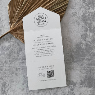 MEGHAN Black White QR Code Monogram Modern Wedding All In One Invitation