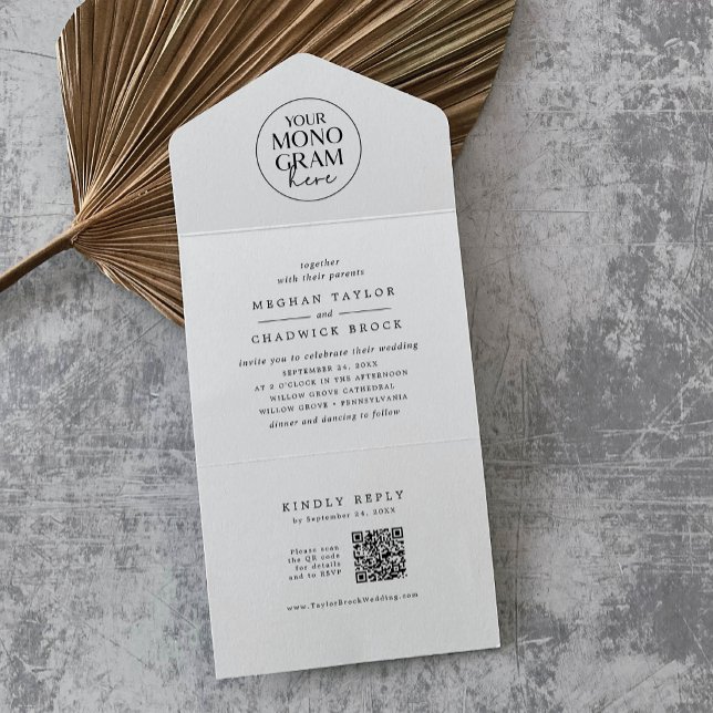 MEGHAN Black White QR Code Monogram Modern Wedding All In One Invitation (MEGHAN Black White QR Code Monogram Modern Wedding All In One Invitation)