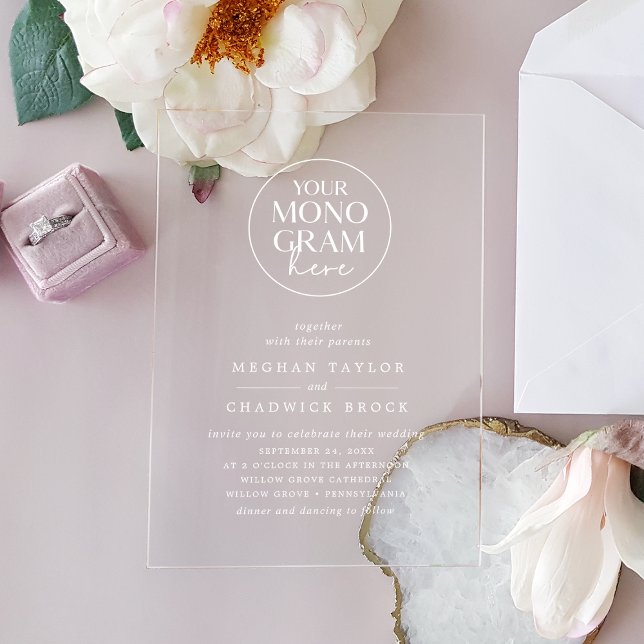 MEGHAN White Unique Simple Chic Monogram Wedding Acrylic Invitations (MEGHAN White Unique Simple Chic Monogram Wedding Acrylic Invitations)