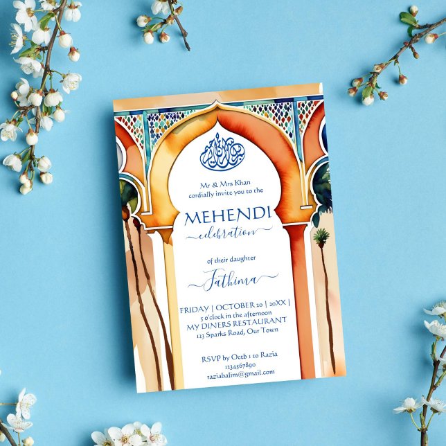 Mehendi Islamic Morocco Arabian style arch Invitation (Mehndi Islamic template invitation instant download Morocco Arabian style arch modern watercolor)