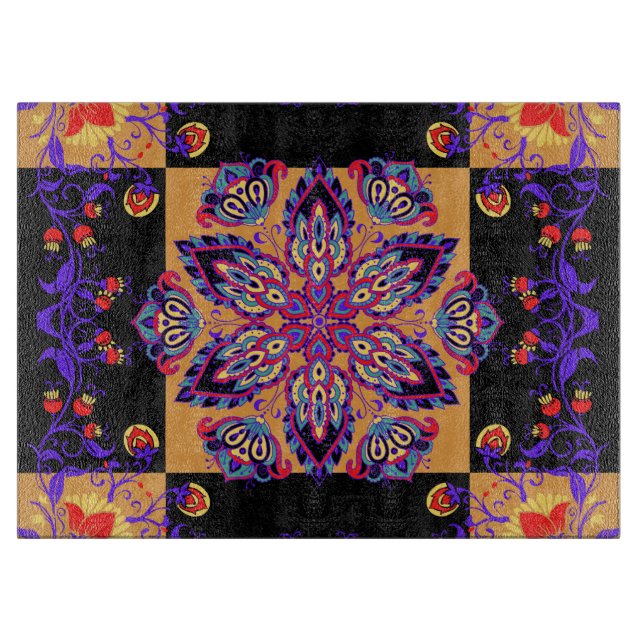 Mehndi Black and Purple Floral Graphic Artwork Cutting Board (Front)