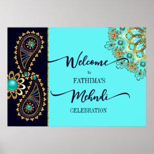 Mehndi blue teal gold jewellery paisley welcome si poster