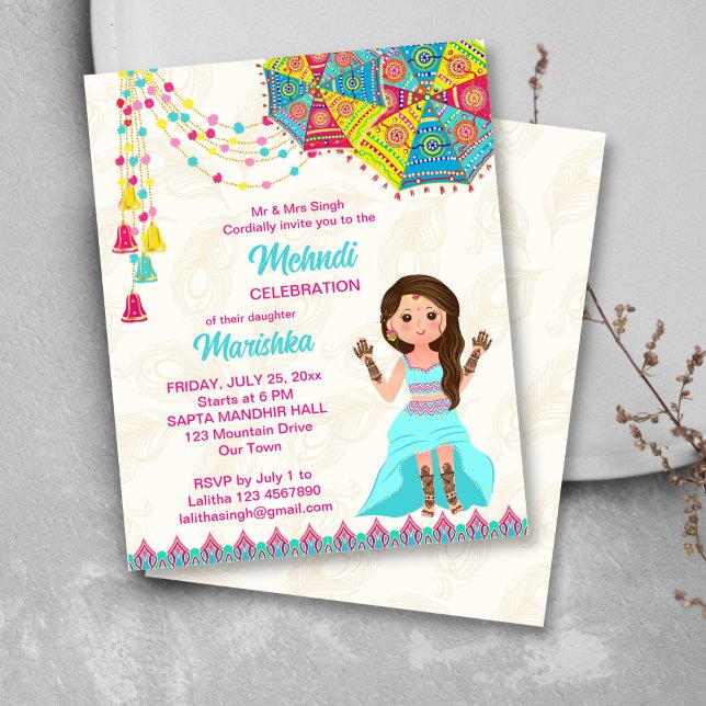 Mehndi budget invite pink blue cute Indian girl (Mehndi budget invitation template cute Indian bride cartoon character umbrellas decor)