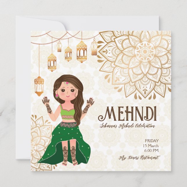 Mehndi budget invite with cute Indian henna bride (Front)