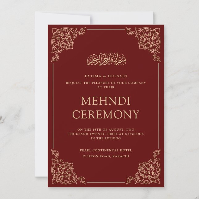 Mehndi Burgundy Red Islamic Muslim Wedding Invitation (Front)