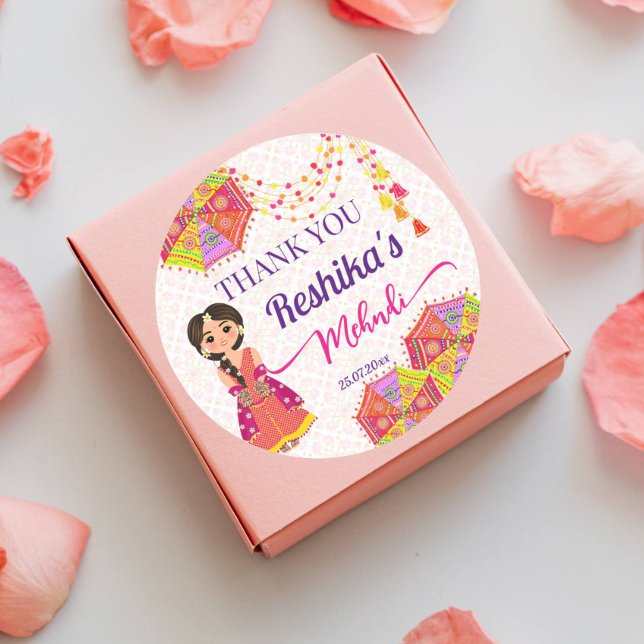 Mehndi cute Indian bride umbrella thank you favour Classic Round Sticker (Mehndi favor gift thank you stickers cute Indian bride cartoon colorful umbrellas)