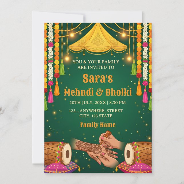 Mehndi & Dholki Night Invitation Template (Front)