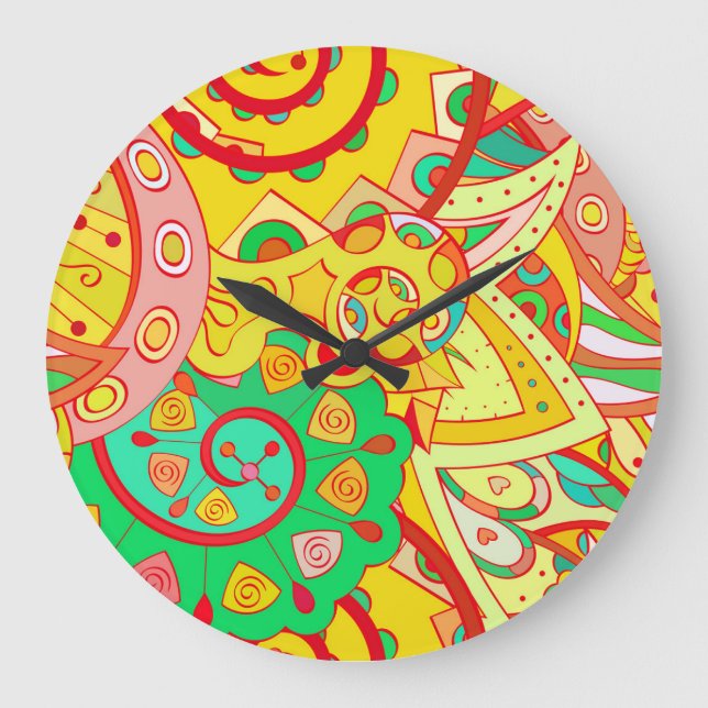 Mehndi Doodle: Colourful Ethnic Texture. Large Clock (Front)