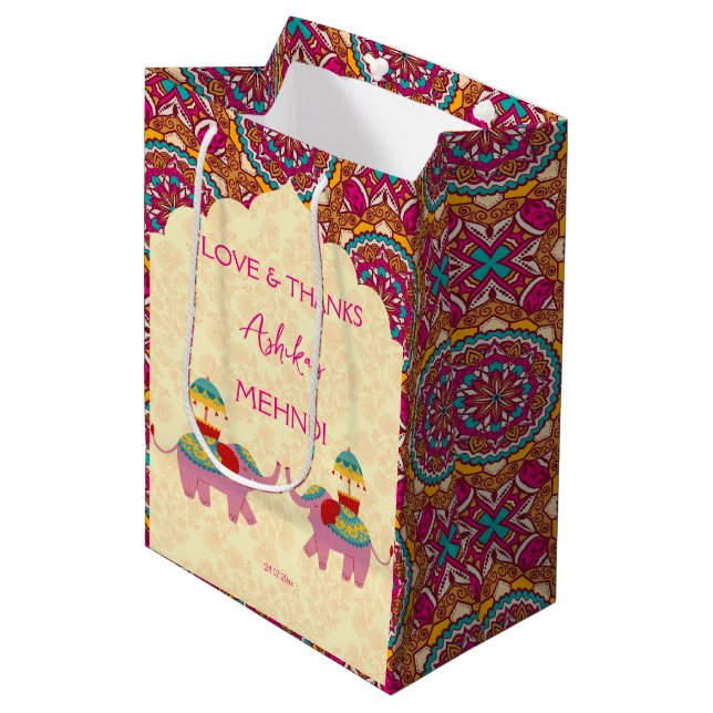Mehndi favour gift cute elephants pink mandala medium gift bag (Front Angled)
