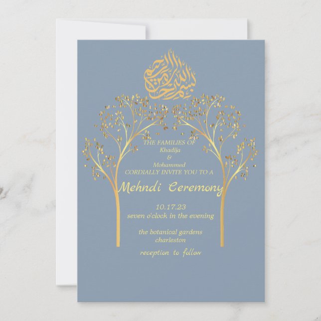 Mehndi Floral elegant DUSTY BLUE muslim wedding  Invitation (Front)